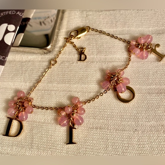 Christian DIOR Logo Letters Pink Beads Chain Bracelet Gold Plated COA Included - Picture 1 of 10